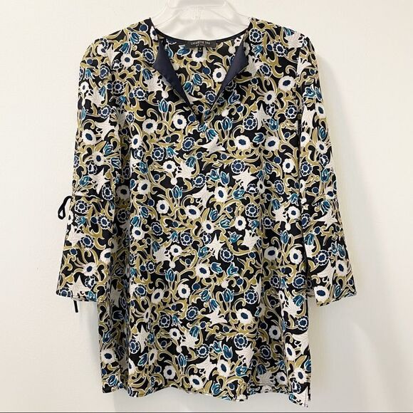 Lafayette 148 New York Floral V-Neck Blouse 3/4 Tie Sleeve Black Blue Green S - Picture 1 of 7
